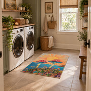 orange teal mushroom sunrise psychedelic area rug, wide interior view