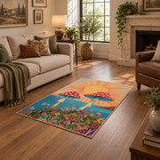 orange teal mushroom sunrise psychedelic area rug, design detail view