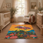 orange colorful polka dot mushroom psychedelic area rug, featured room view