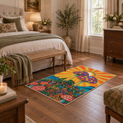 orange colorful polka dot mushroom psychedelic area rug, cozy home setting