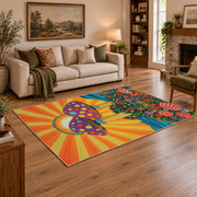 orange colorful polka dot mushroom psychedelic area rug, angled room view