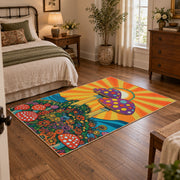 orange colorful polka dot mushroom psychedelic area rug, full pattern view