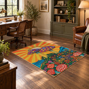 orange colorful polka dot mushroom psychedelic area rug, soft surface detail