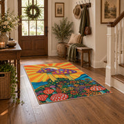 orange colorful polka dot mushroom psychedelic area rug, wood floor styling