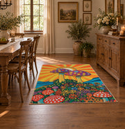 orange colorful polka dot mushroom psychedelic area rug, close decorative detail