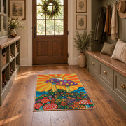orange colorful polka dot mushroom psychedelic area rug, front room mockup