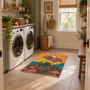 orange colorful polka dot mushroom psychedelic area rug, wide interior view