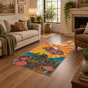 orange colorful polka dot mushroom psychedelic area rug, design detail view