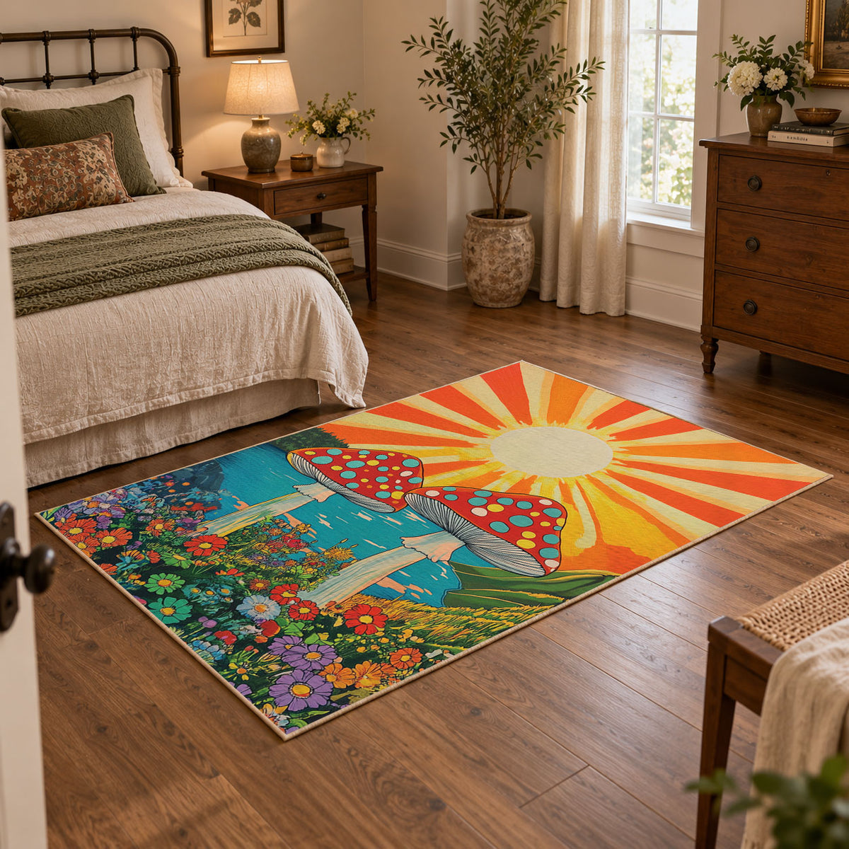 orange teal spotted mushroom sunburst retro area rug, featured room view