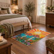 orange teal spotted mushroom sunburst retro area rug, cozy home setting