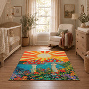 orange teal spotted mushroom sunburst retro area rug, full pattern view