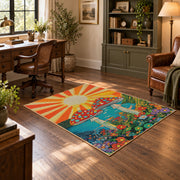 orange teal spotted mushroom sunburst retro area rug, soft surface detail
