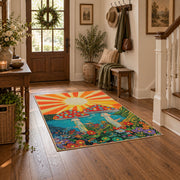orange teal spotted mushroom sunburst retro area rug, wood floor styling