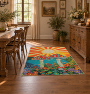 orange teal spotted mushroom sunburst retro area rug, close decorative detail