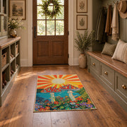 orange teal spotted mushroom sunburst retro area rug, front room mockup