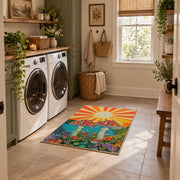 orange teal spotted mushroom sunburst retro area rug, wide interior view