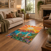 orange teal spotted mushroom sunburst retro area rug, design detail view