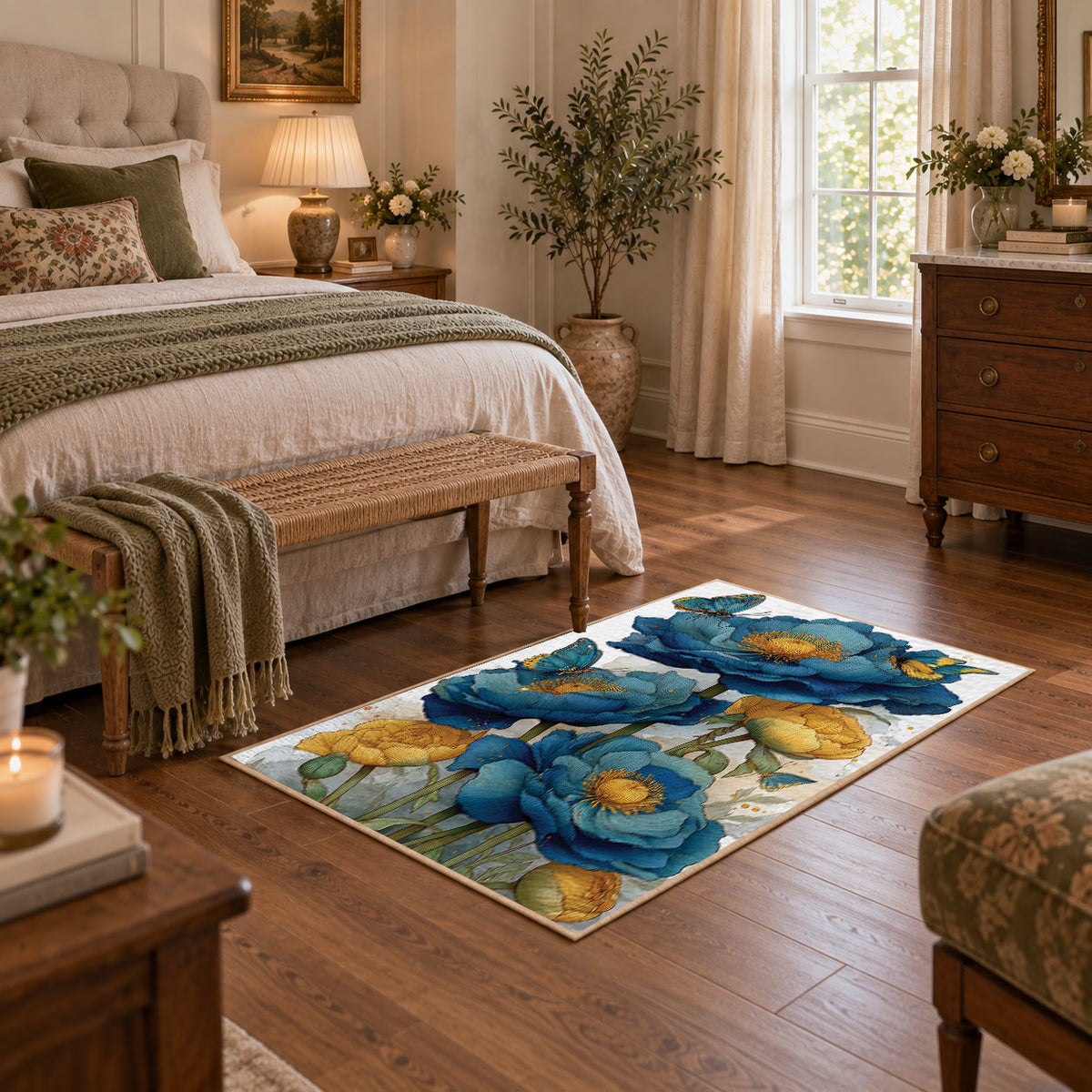 white blue poppy watercolor botanical floral area rug, featured room view