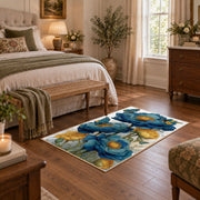 white blue poppy watercolor botanical floral area rug, featured room view