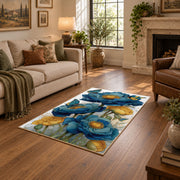 white blue poppy watercolor botanical floral area rug, cozy home setting