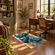 white blue poppy watercolor botanical floral area rug, complete product view