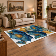 white blue poppy watercolor botanical floral area rug, angled room view