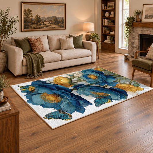 white blue poppy watercolor botanical floral area rug, angled room view