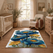 white blue poppy watercolor botanical floral area rug, full pattern view
