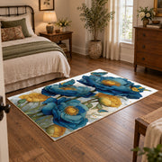 white blue poppy watercolor botanical floral area rug, soft surface detail