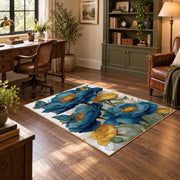 white blue poppy watercolor botanical floral area rug, wood floor styling