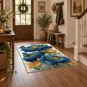 white blue poppy watercolor botanical floral area rug, close decorative detail