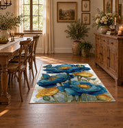 white blue poppy watercolor botanical floral area rug, front room mockup