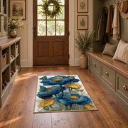 white blue poppy watercolor botanical floral area rug, wide interior view