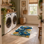white blue poppy watercolor botanical floral area rug, design detail view