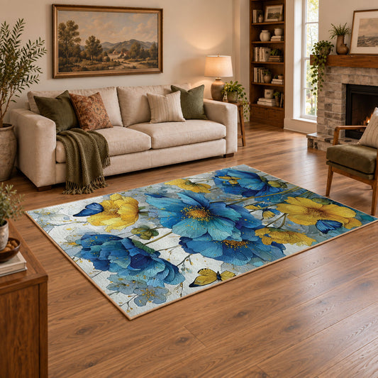 white cobalt blue watercolor floral garden area rug, featured room view