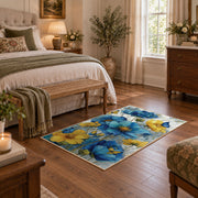 white cobalt blue watercolor floral garden area rug, cozy home setting