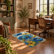 white cobalt blue watercolor floral garden area rug, complete product view