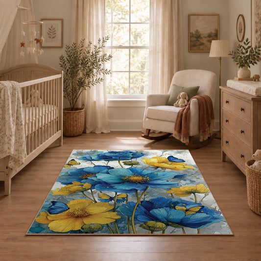 white cobalt blue watercolor floral garden area rug, angled room view