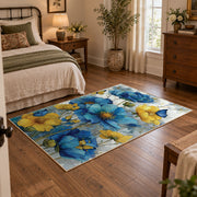 white cobalt blue watercolor floral garden area rug, full pattern view