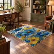 white cobalt blue watercolor floral garden area rug, soft surface detail