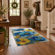 white cobalt blue watercolor floral garden area rug, wood floor styling