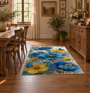 white cobalt blue watercolor floral garden area rug, close decorative detail