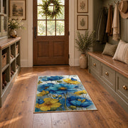 white cobalt blue watercolor floral garden area rug, front room mockup