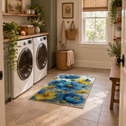 white cobalt blue watercolor floral garden area rug, wide interior view