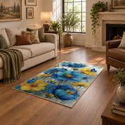 white cobalt blue watercolor floral garden area rug, design detail view