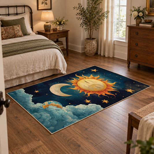 navy celestial sun moon stars mystical area rug, featured room view