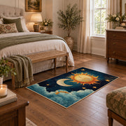 navy celestial sun moon stars mystical area rug, cozy home setting