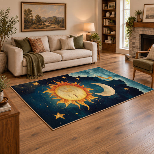 navy celestial sun moon stars mystical area rug, angled room view
