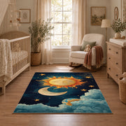 navy celestial sun moon stars mystical area rug, full pattern view