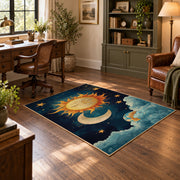 navy celestial sun moon stars mystical area rug, soft surface detail